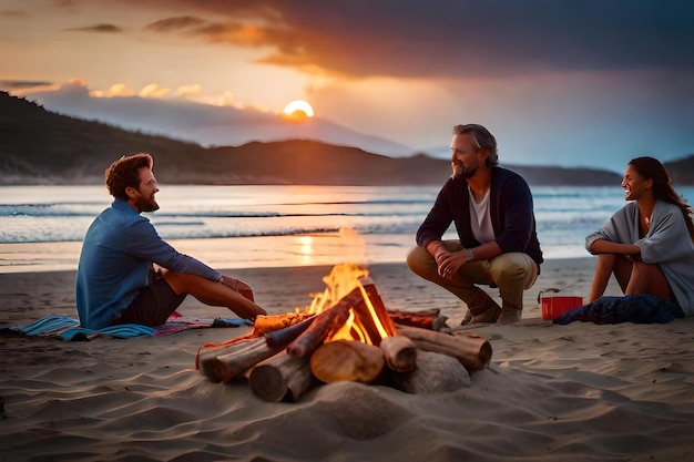 Men sit around a campfire on a beach at sunset.