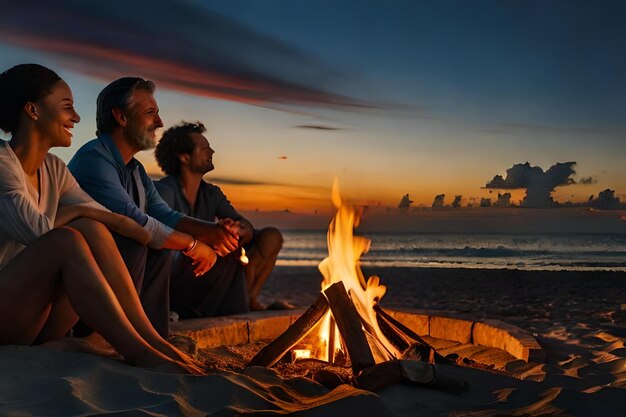 Men sit around a campfire and enjoy the sunset on the beach