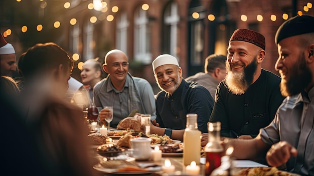 Men Sitting Around Table Eating Food Ramdan