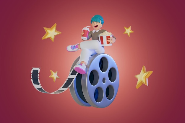 Photo men sitting on film roll with his popcorn 3d render illustration