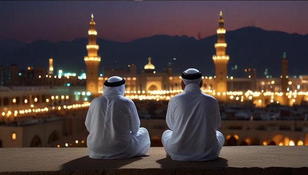 Photo men sitting on a ledge one with the other wearing white