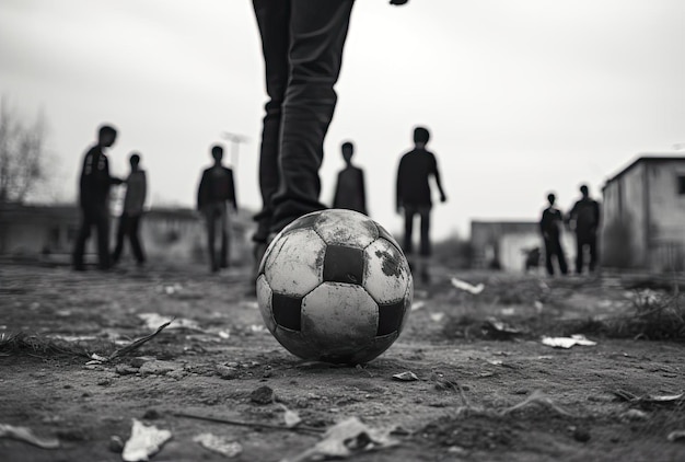 女子高生のライフスタイルのスタイルでサッカーボールが近くにある間、土の上に立つ男性