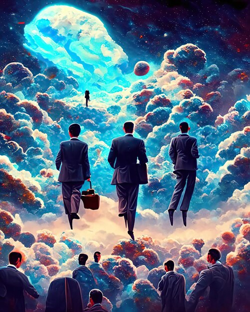 men in suits background abstract clouds and celestial colors