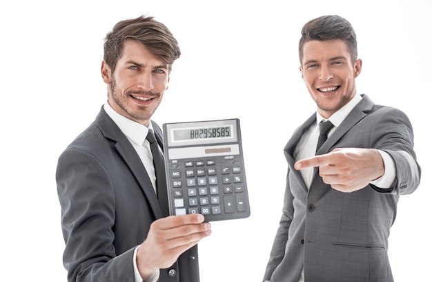 Men in suits hold a calculator in office closeup