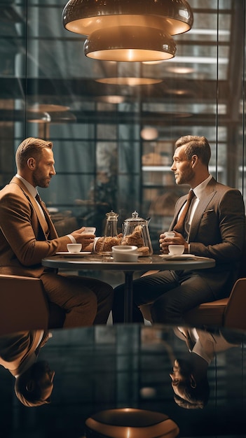 men in suits sit at a table and talk in a cafe.