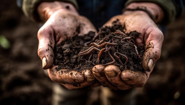 AI가 생성한 진흙에 유기농 채소를 심는 남성 팀워크