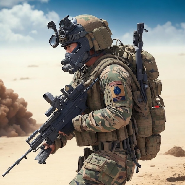 Men in uniform aiming rifles on battlefield