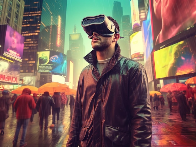 men in virtual world new York time square online tourism ai generated