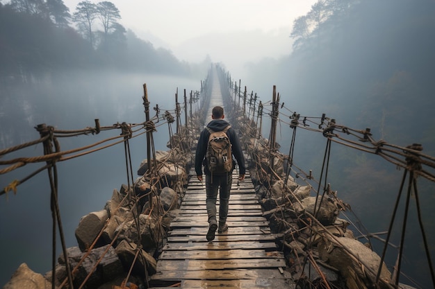 Мужчины идут по мосту в темноте и тумане.