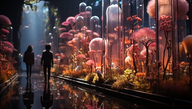 Фото Мужчины ходят в темноте под водой, освещенные разноцветными огнями, генерируемыми искусственным интеллектом.