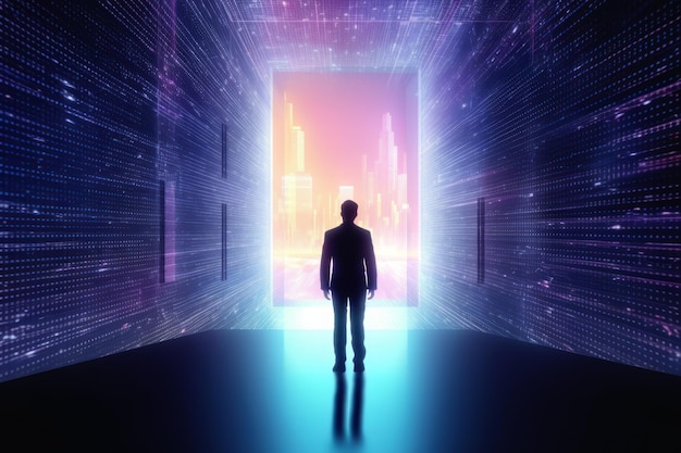 Men walking into metaverse world glowing blue futuristic businessman suit with technology Ai generative