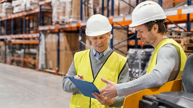 Photo men in warehouse working