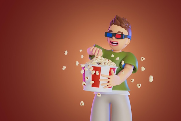 Men watching movie having fun popcorn spill 3D Render illustration