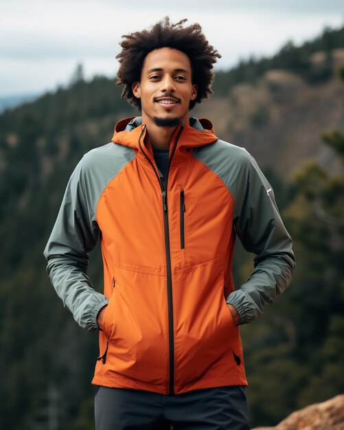 Photo men wearing lightweight hiking jacket functional sleek