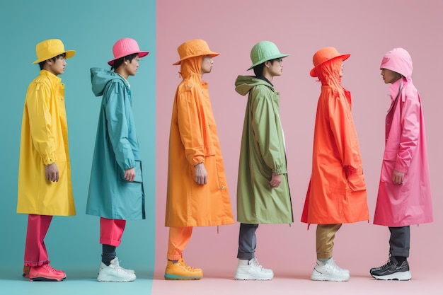 Men wearing modern rainy season fashion clothes On a minimalist background shapes are colorful