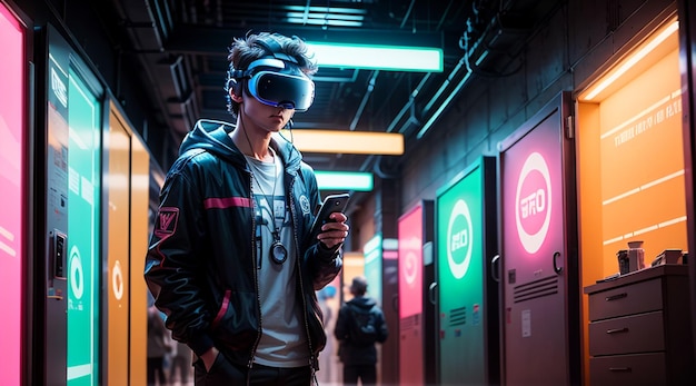 Photo a men wearing a vr box headset surrounded by neon lights