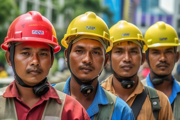 Photo men wearing yellow hard hats with the word x on them