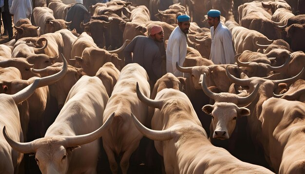 men in white shirts stand in front of a herd of bulls