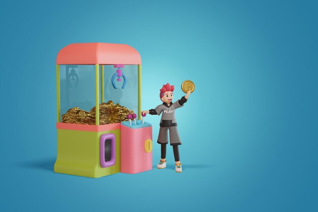 Men wins crypto coin from Claw Machine 3D Render illustration