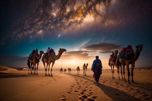 写真 ラクダのキャラバンを引き連れて砂漠を通り、ラマダン月に断食する男性たち