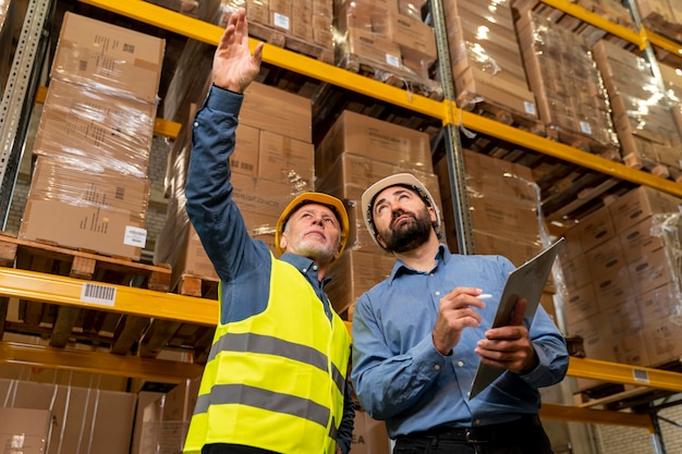 Uomini con il casco che lavorano in magazzino