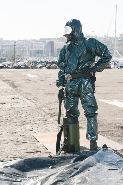 men with protective dress for ebola covid or pandemic