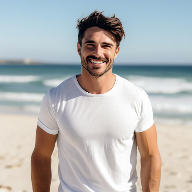 men with white tshirts smiling at the beach