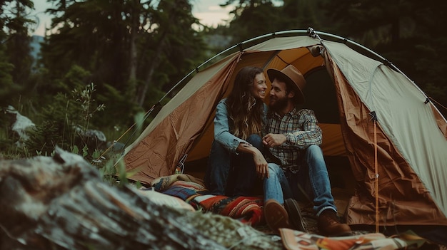 men woman couple family camping site in nature with tents and campfire