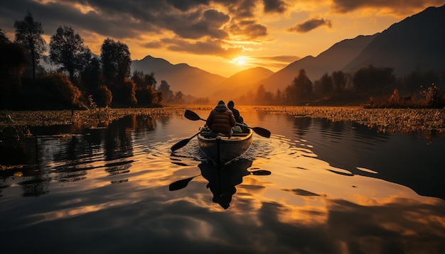 Men and women canoeing at sunset enjoying the tranquil outdoors generated by artificial intelligence