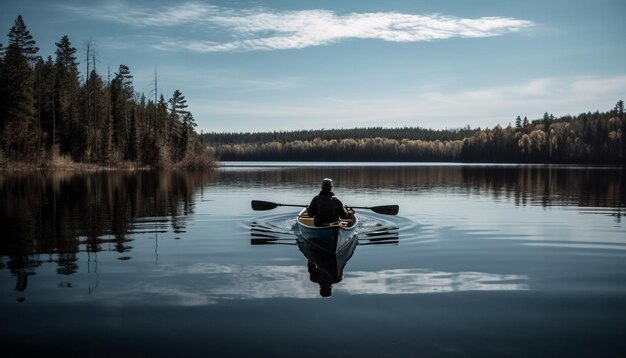 Men and women canoeing in tranquil Alberta forest generated by AI