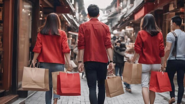 Men and women carry paper bags to go shopping with red envelope