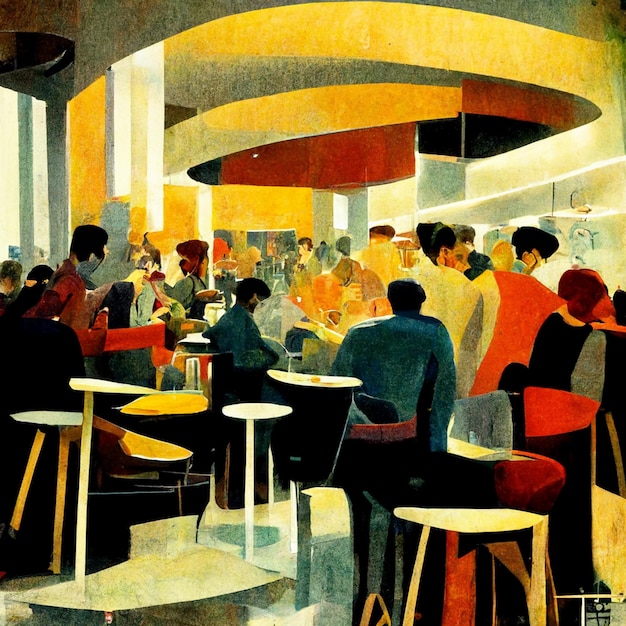 Мужчины и женщины, одетые в элегантную одежду, сидят в баре, разговаривают и пьют алкогольные напитки