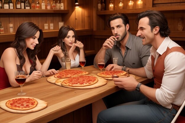 A men and women eat delicious pepperoni pizza accompanied with a glass of whiskey on the rocks