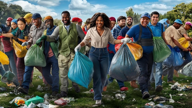 Men and women help each other to collect garbage