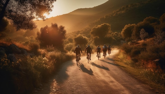 Men and women hiking in autumn forest generated by AI