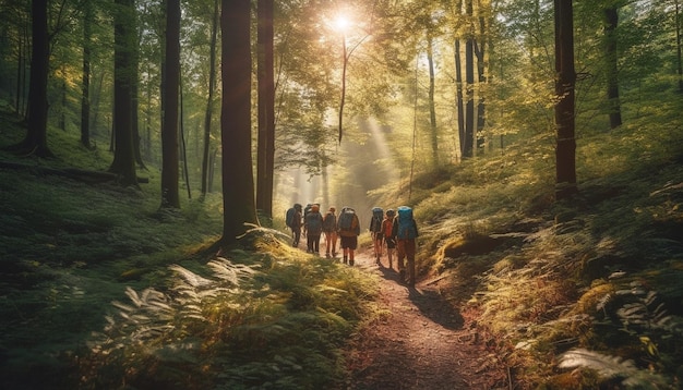 Men and women hiking on forest footpath generated by AI