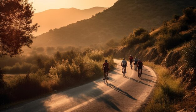 Men and women hiking mountain at sunrise generated by AI