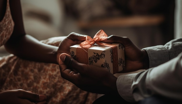 Мужчины и женщины держат подарочную коробку, дарящую любовь и счастье, созданные ИИ
