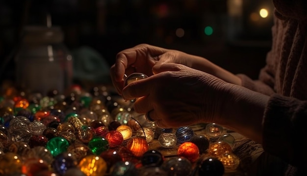 Men and women holding glowing jewelry crafting homemade decorations together generated by AI