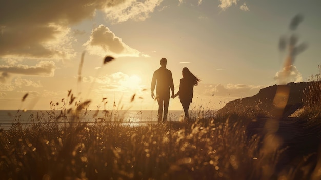 Men and women holding hands walking along the coastline AI generated Image