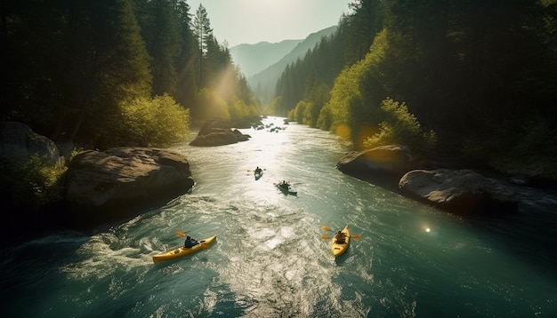 Photo men and women paddling canoes in forest generated by ai