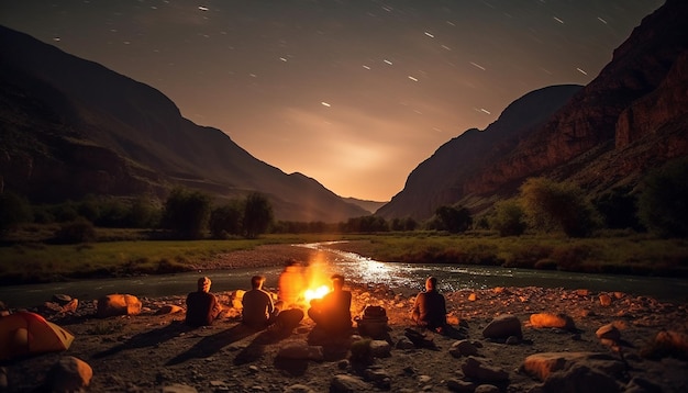 Photo men and women sitting by campfire enjoying nature glowing beauty generated by ai
