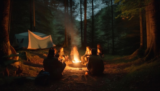 Men and women sitting by campfire smiling generated by AI