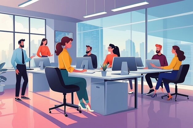 Men and women sitting at desk and standing in modern office working at computers and talking with colleagues Effective and productive teamwork Colorful vector illustration in flat cartoon style