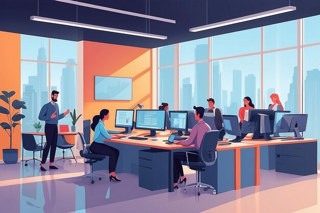 Men and women sitting at desk and standing in modern office working at computers and talking with colleagues Effective and productive teamwork Colorful vector illustration in flat cartoon style