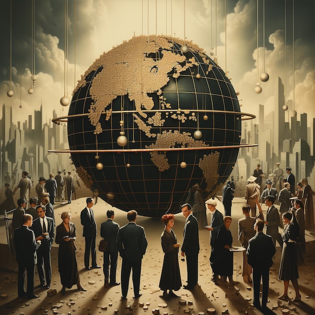 Men and women standing around a globe