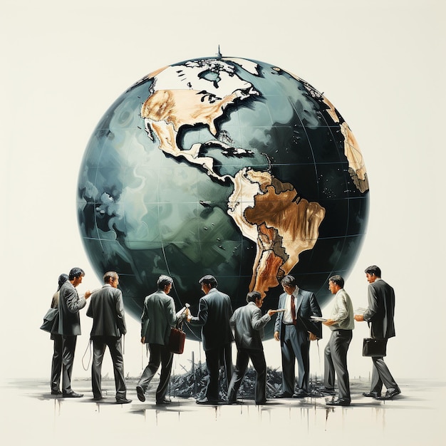 Men and women standing around a globe