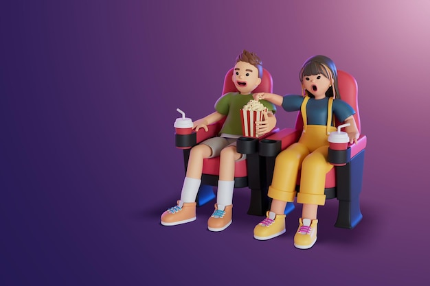 Men and women watching movies together 3D Render illustration