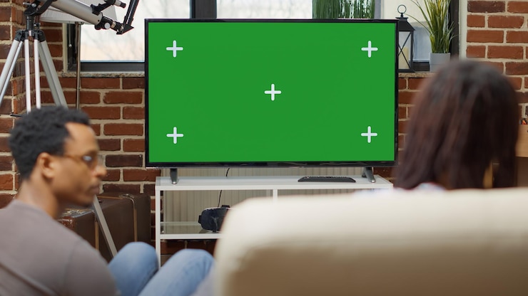Photo 自宅で最新のテクノロジーを使用して、緑色の画面でテレビのディスプレイを見ている男性と女性。分離されたテンプレートとモックアップコピースペースで空白のクロマキーの背景を見ている人。閉じる。