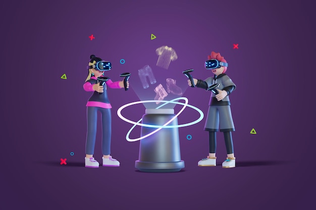 Men and women wearing vr shopping in the meta world 3D Render illustration